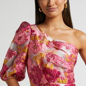 asos LUXE pink / yellow jacquade floral crop top one shoulder puff sleeve sz. 6